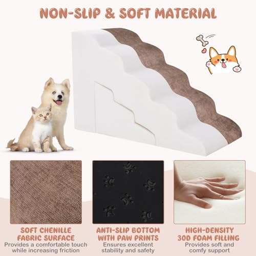 Giantex-Dog-Stairs-Set-5-Tiers-3-Tiers-Dog-Ramps-Combo-High-Density-Foam-Non-Slip-Bottom-Washable-Cover-22-High-Pet-Steps-for-Small-Puppy-Older-Cats-to-Get-on-Bed-Sofa-Couch-Brown - Cucciolini Doodles Giantex-Dog-Stairs-Set-5-Tiers-3-Tiers-Dog-Ramps-Combo-High-Density-Foam-Non-Slip-Bottom-Washable-Cover-22-High-Pet-Steps-for-Small-Puppy-Older-Cats-to-Get-on-Bed-Sofa-Couch-Brown