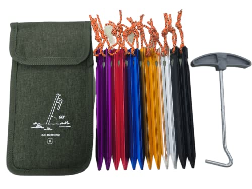 TWAITU Multifunctional Tent Fixing kit Includes 12pcs Colorful Aluminum Alloy Floor Nails, 1pc Nail Puller, and 1pc Oxford Cloth Storage Bag