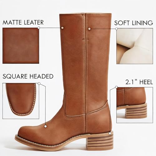 JORISTIMO Banane Knee High Boots for Women, Square Toe Long Boots for Women, Chunky Block Heel Biker Boots Comfortable Casual Vintage Tall Boots3