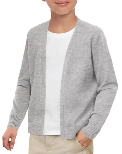 Haloumoning Boys School Uniform Cardigan Sweater Kids Knit Open Front Long Sleeve Outerwear 5-14 Years Light Gray