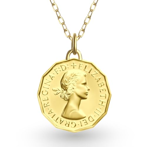 Image of HOBBY OF KINGS British Coin Necklace for Women | Medallion Pendant Jewelry | 24K Gold Plated 3 Pence | Queen Elizabeth II | 1954-1970