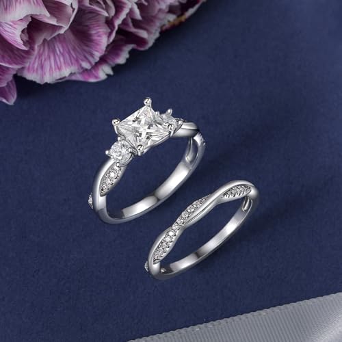Image of Jeulia Round /Princess Cut Wedding Ring Sets for Women Three Stone Bridal Sets Engagement Ring Set CZ Twisting Infinity Pave Set 925 Sterling Silver Free Engraving