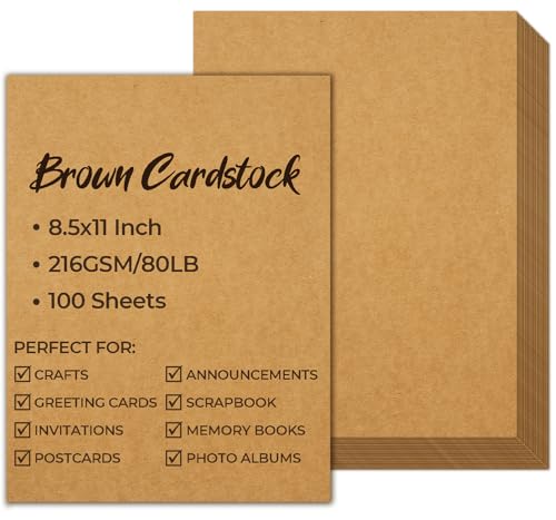 Ohuhu Brown Kraft Cardstock Thick Paper 100 Sheets - 8.5" x 11" Heavyweight 80 lb/216 gsm Card Stock for Crafts and DIY Card Making