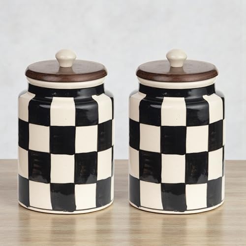 ClayStone Airtight Ceramic Jars with Wooden Lid (Pack of 2) - 1000ml Each - Kitchen Storage Containers for Sugar, Tea, Salt, Pickles, Pulses & More