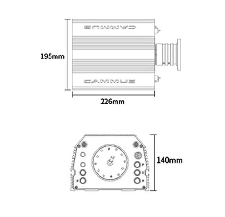 Dimensional drawing of the CAMMUS DDWB 15Nm Wheelbase, showing a width of 226mm and height of 195mm from the top view, and a depth of 140mm from the front view.