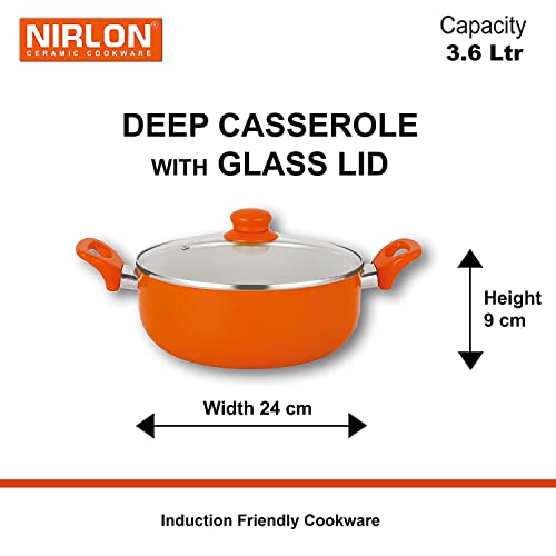 Image of NIRLON New Reinforced 4 Layer Ceramic Coating Non Stick Induction Dosa Tawa, 2 Deep Kadhai With Glass Lid, Grill Pan & Deep Casserole with Glass Lid Orange (Aluminium, Stainless Steel, Bakelite, Glass)Orange Colour.