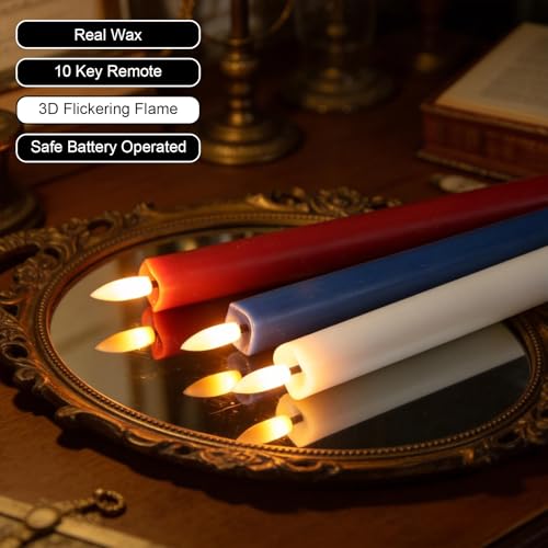 Image of Wondise Patriotic Candles Flameless Taper Candles with Remote & Timer, Red White and Blue Candles Battery Operated 3D Wick Real Wax LED Flag Candles for Independence Day Decoration