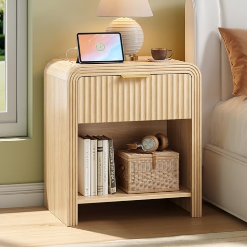 Decofy Fluted Nightstand with Charging Station, Modern Bedroom Furniture Side