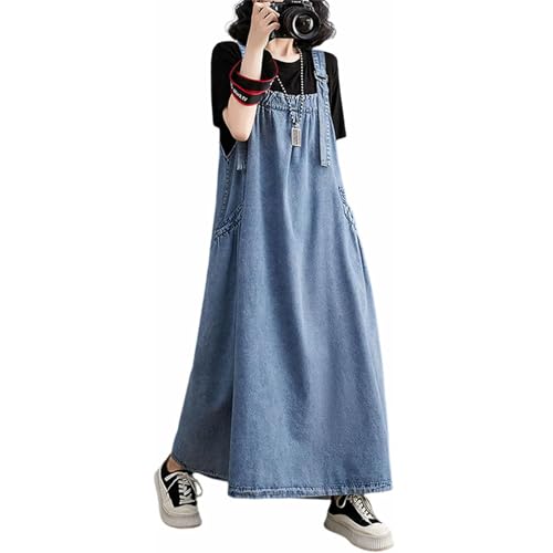 Women's Denim Jumper Dress Loose Baggy Maxi Adjustable Strap Wide Hem Oversize Long Jean Overalls