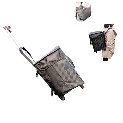 Shopping Bag With Wheels Backpack Straps - Fineget Folding Utility Trolley Grocery Cart Telescoping Handle for Women Travel Trip Vacations Camping Beach Play Picnic Laundry Luggage School Cool Black