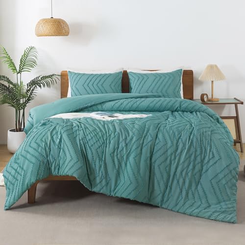 Image of Andency Grayish Teal Comforter Set Full Size, Boho Soft Warm Bedding Comforter Sets for Full Bed, 3 Pieces Vintage Chevron Tufted Aesthetic Comforter Set