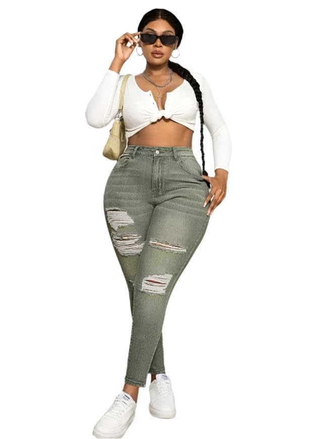 Plus Size High Waist Stretchy Distressed Skinny Denim Jeans – Ripped Design, Medium Stretch Fabric, Multiple Colors4