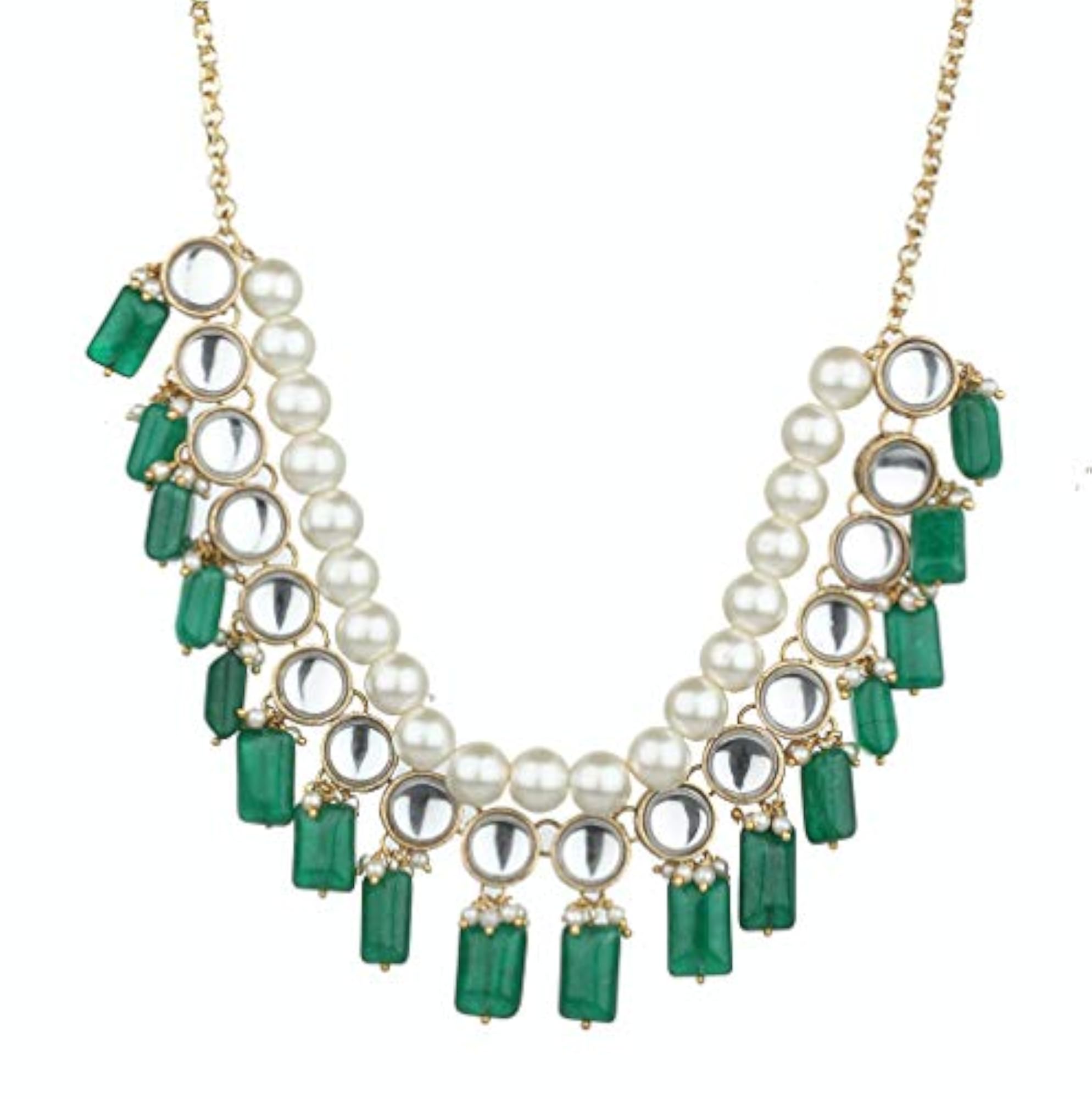 Green Semi Precious Stone Kundan Necklace with Matching Earrings