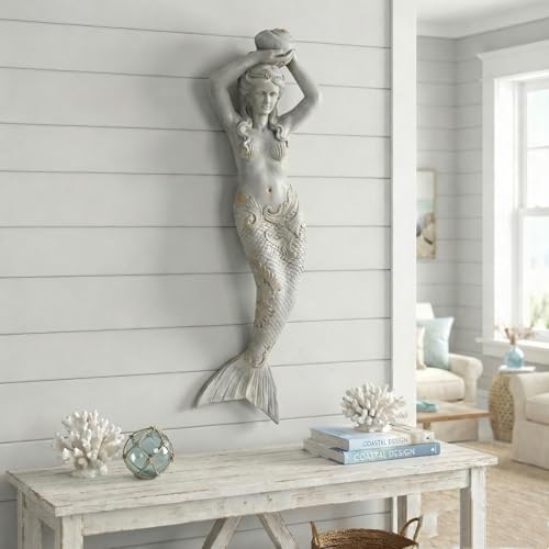 GRASOLAR 39 Inch Tall Mermaid Wall Mounted Sculpture Wall Decoration Outdoor Garden Statue Mermaid Hook Wall Art Courtyard Backyard Decor