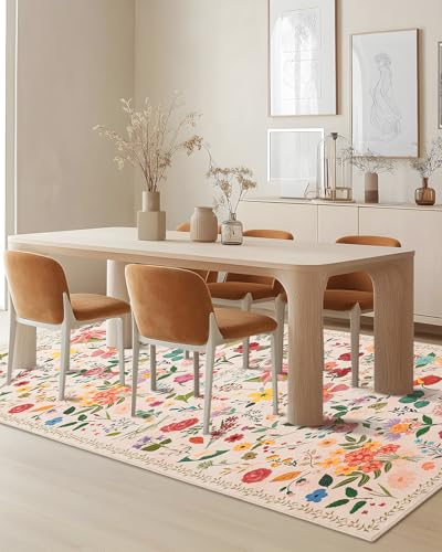 Tapete Boho Lavable 4x6 Floral Antideslizante Beige miniatura 6