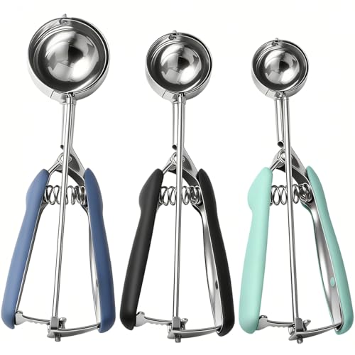 SUNNORN Cookie Scoop set, Cookie Scoops for Baking Set of 3, Size #60/ #40/ #20, Cookie Dough Scoop, Non-Slip Grip, Blue/Black/Mint Handle, For Cookies Muffin Cupcake Meatball Ice Cream