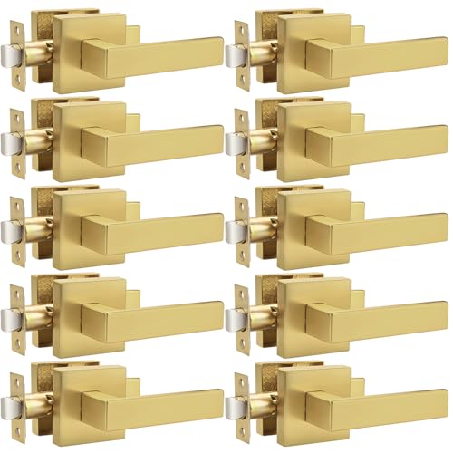 Probrico 10 Pack| Gold Door Handles Passage Door Levers, Heavy Duty Closet and Hall Door Locks Interior Keyless Locksets, Reversible Flat Levers with Square Rosette