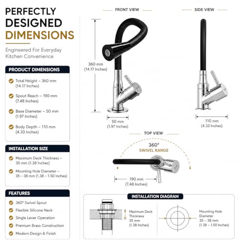 Image of ZAP Pluto Flexible Kitchen Sink Tap | Brass Body | 360 Swivel Swan Neck Faucet | Dual Flow Spray & Stream Modes | Flexible Silicone Spout | Chrome Finish | Cold Water Tap