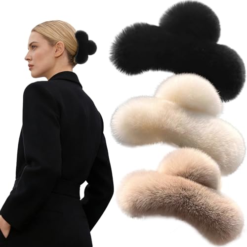 3PCS Large Faux Fur Cute Hair Claw Clip for Women Girls White Strong Hold Non-Slip Soft Fuzzy Hair Clips Fluffy Plush Hair Accessories for Thick and Thin Hair