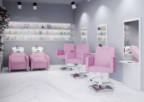 Pack Conjunto Muebles para peluquería lavacabezas Cubo Silla de Corte Iris Silla con inclinación Versa Carrito Auxiliar GiroCo tocador Sven tapizado Rosa Malva