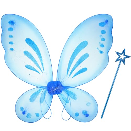 Sratte Fairy Princess Butterfly Wings Girls Kids Butterfly Costumes Set Star Wands Adults Christmas Birthday Party(Blue)