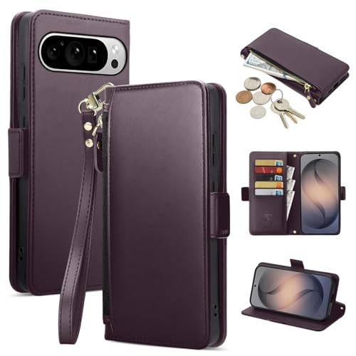 COBEAR for Google Pixel 10/Pixel 10 Pro Case Wallet, Pu Leather Flip Phone Case with Wrist Strap, Zipper Pocket, Kickstand, Women Men Phone Wallet Case with Card Holder, Purple