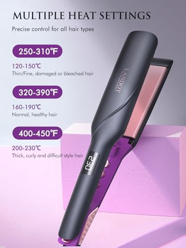 LANDOT Wide Flat Iron Hair Straightener for Fast Styling Thick/Long/Coarse Hair: 1-3/4 Inch Ceramic Straightener for Less Frizz, Smoother Shinier Results - Dual Voltage & 12 Temp Setting 250-450F — view 4