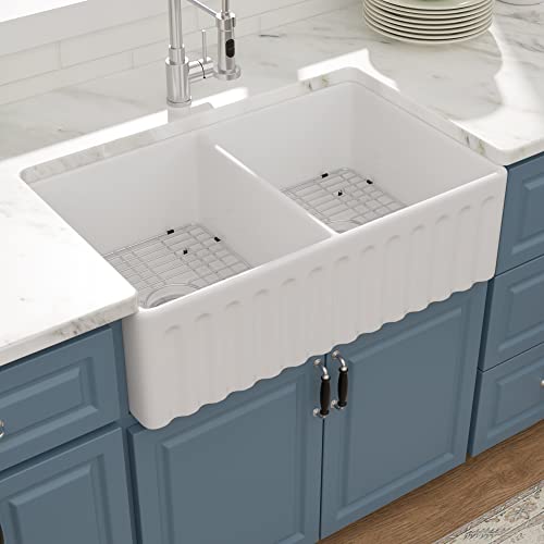 33 White Farm Sink Double Bowl - Donsdey 33×20 Apron Front Farmhouse Kitchen Sink Reversible Double Bowl 50/50 White Ceramic Porcelain Fireclay Farmer Sink Basin #TOP1