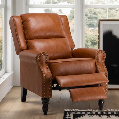 Image of Leather Recliner Chair, Pushback Recliner Chair with Adjustable Backrest Footrest, Mid Modern Reclining Chair with Overstuffed Arms Lumbar Support for Reading, Living Room, Brown