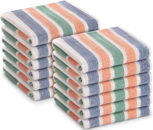 GOLD TEXTILES Bulk Bath Towels White (22x44 Inches) Economy Grade Light Weight Easycare (12 Color Stripe)