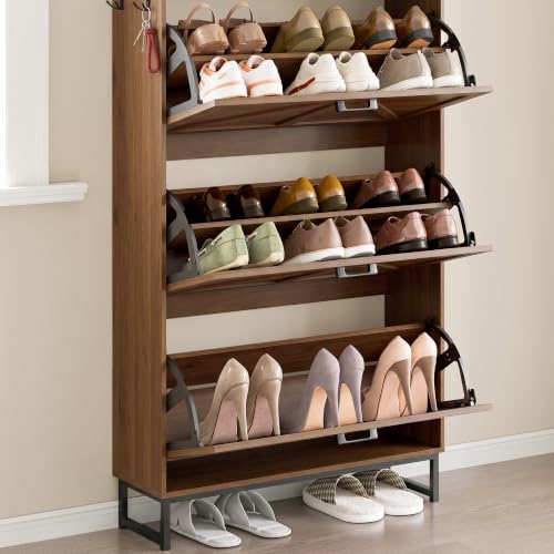 Image of BORNOON Shoe Cabinet with 3 Flip Drawers Narrow Shoe Storage Cabinet Organizer Wooden Freestanding Shoe Rack Hidden Slim Shoes Storage Cabinet for Entryway, Hallway, Living Room, Bedroom