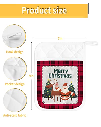 Christmas Santa Claus Reindeer Pot Holders With Pocket For Kitchen, Heat-Resistant Potholders Set Of 2, Hot Pads Oven Mitts With Hanging Loops For Home Cooking Baking Microwave, Buffalo Plaid #TOP2