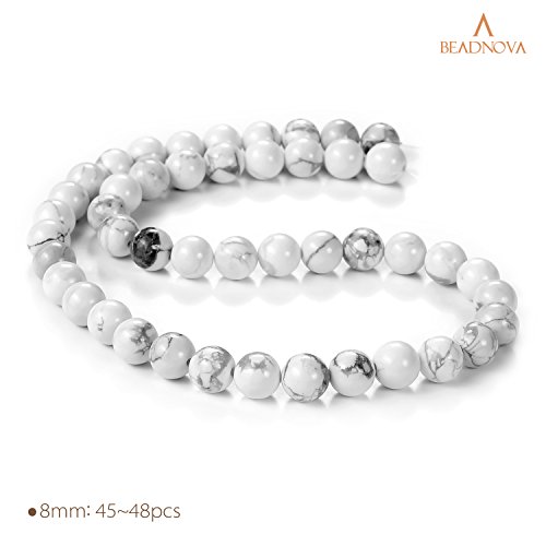 Image of BEADNOVA Natural White Howlite Beads Natural Crystal Beads Stone Gemstone Round Loose Energy Healing Beads with Free Crystal Stretch Cord for Jewelry Making (8mm, 45-48pcs)