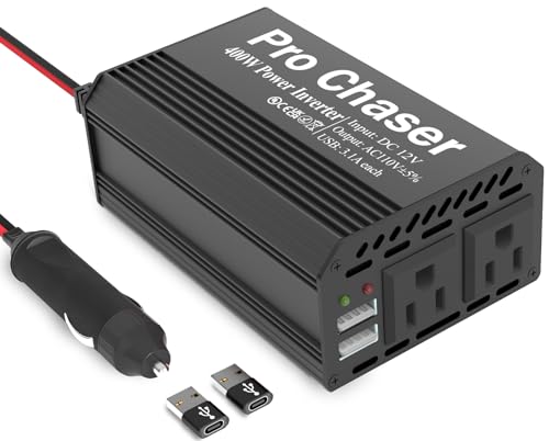 Pro Chaser 400W Car Power Inverter 12V DC to 110V AC Car Truck RV Inverter 6.2A Dual USB Charging Ports for Road Trips (USB C Adaptors Included) (Black)
