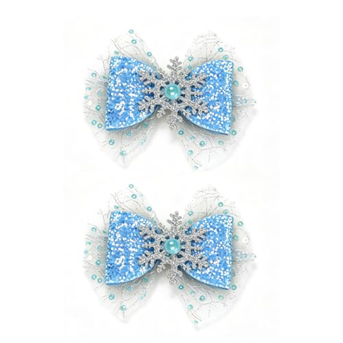 2PCS Blue Glitter Hair Bow Clips with Snowflake Decoration, Mesh Tulle Cartoon Winter Theme Hair Accessories for Little Girls Toddler Kids Teens