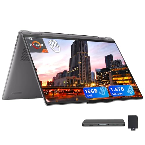 Image of Lenovo Yoga 7 2-in-1 16 inch 2K Touchscreen Laptop, AMD Ryzen 7 8840HS, 16GB LPDDR5X, 1.5TB Storage (512GB SSD+1TB Docking Station), Backlit Keyboard, Fingerprint, FHD Webcam, Copilot, Win11, Grey