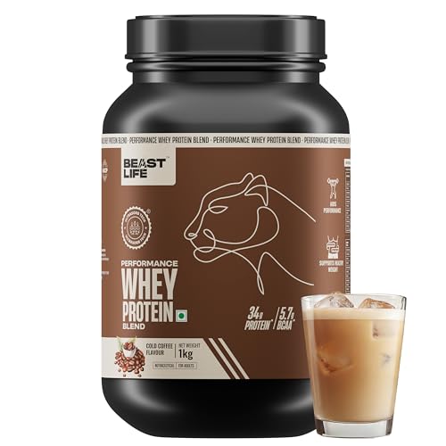 Image of BeastLife Performance Whey Protein Blend | 34g Protein | 5.7g BCAA | 1Kg | Cold Coffee | Muscle Growth & Recovery | Easy to Digest with Ultrasorb Tech | Smooth & Easy to Mix | Contains Whey Protein Concentrate & Yeast Protein
