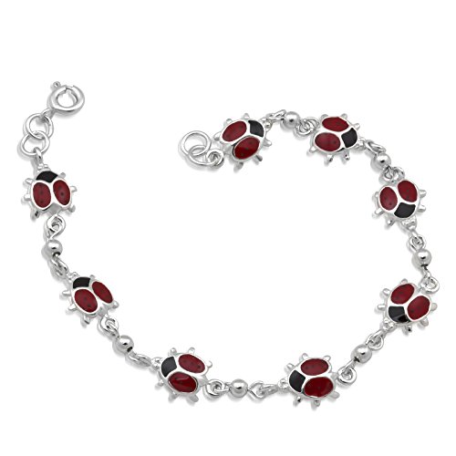 WithLoveSilver 925 Sterling Silver Red 8 Enamel Ladybugs Link Bracelets 7.5