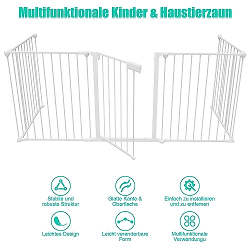 Joparri Kaminschutzgitter mit Tür 310 cm Metall Ofenschutzgitter Laufgitter Laufstall Absperrgitter Tierschutzgitter Türschutzgitter für Kinder-Sicherung, 5-teilig (je 65 x 75 cm) Weiß
