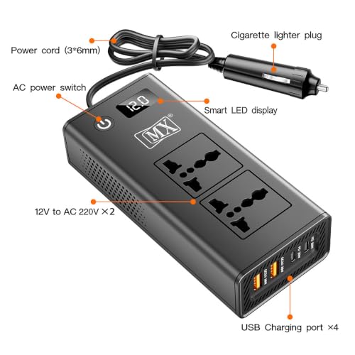 Image of MX 200W Car Power Inverter, 6-in-1 Car Laptop Charger with Dual AC Sockets, 20W Type-C PD, 36W USB Ports, Voltage Display, ON /OFF Switch, Multi-Protection,12V to 220V Car Adapter for Travel,Road Trips