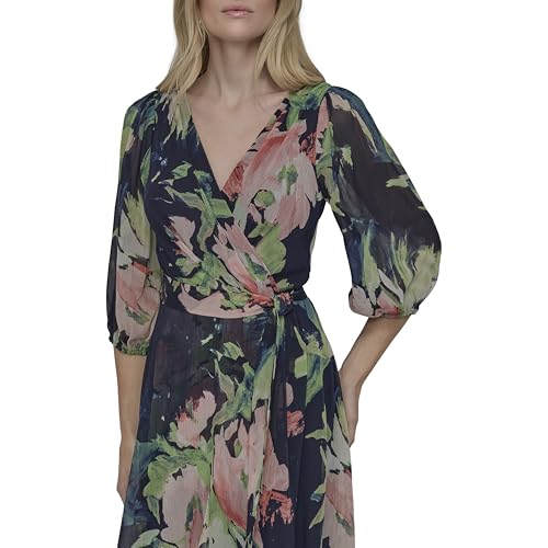 Image of DKNY Women's Chiffon Balloon Sleeve Faux Wrap Midi Dress with High-Low Hem