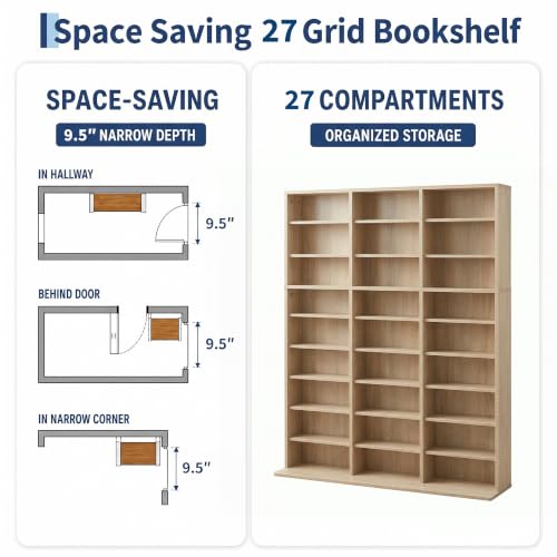 Image of Garvee 9 Tier Tall CD Display Cabinet, 27-Compartment Media Tower, Natural