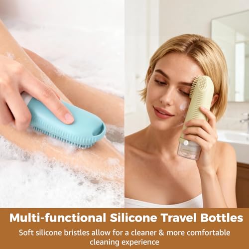 3 PCS Silicone Travel Bottles, 100 ml Leak-Proof Refillable Toiletry Containers with Massage Brush & PVC Zipper Bag, Squeezable Bottles for Shampoo, Body Wash & Facial Cleanser - Image 3