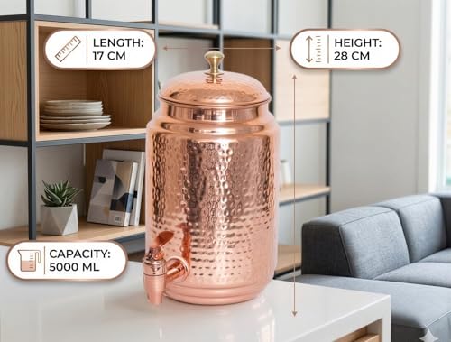 Image of 5 Litre Pure Copper Water Dispenser with Stand | Hammered Ayurvedic Matka Pot for Healthy Drinking Water (Jointless, 5000ml