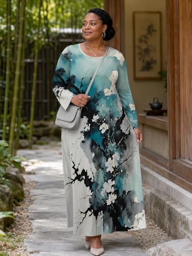Image of PinkPatty Plus Size Maxi Dress for Curvy Women Crew Neck Long Sleeves Casual Dress Vacation Sundresses with Pockets
