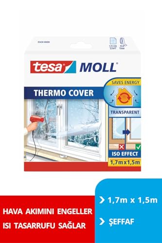 tesa tesamoll Thermo Cover Fenster-Isolierfolie - Transparente Isolierfolie zur Wärmedämmung an Fenstern - Inklusive praktischer Klebelösung - 1,7 m x 1,5 m