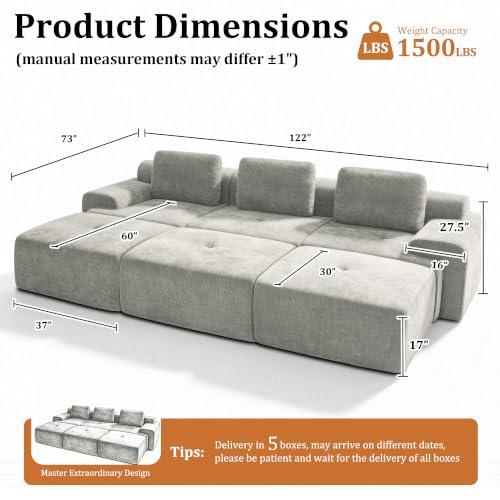 Image of 122 inch Oversized Boneless Couch, Comfort Cloud Sectional Couches for Living Room, Modular Sofa High Back & Extra Deep Seat, No Assembly, Soft Chenille Fabric (Light Grey, 122 inch-(3+3))