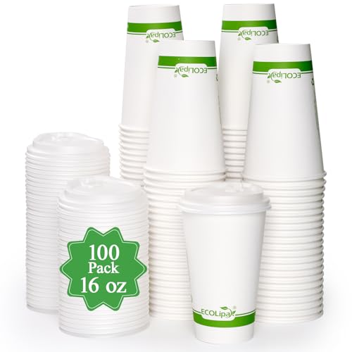 ECOLipak 100 Count 16 oz Compostable Paper Coffee Cups, Biodegrad...