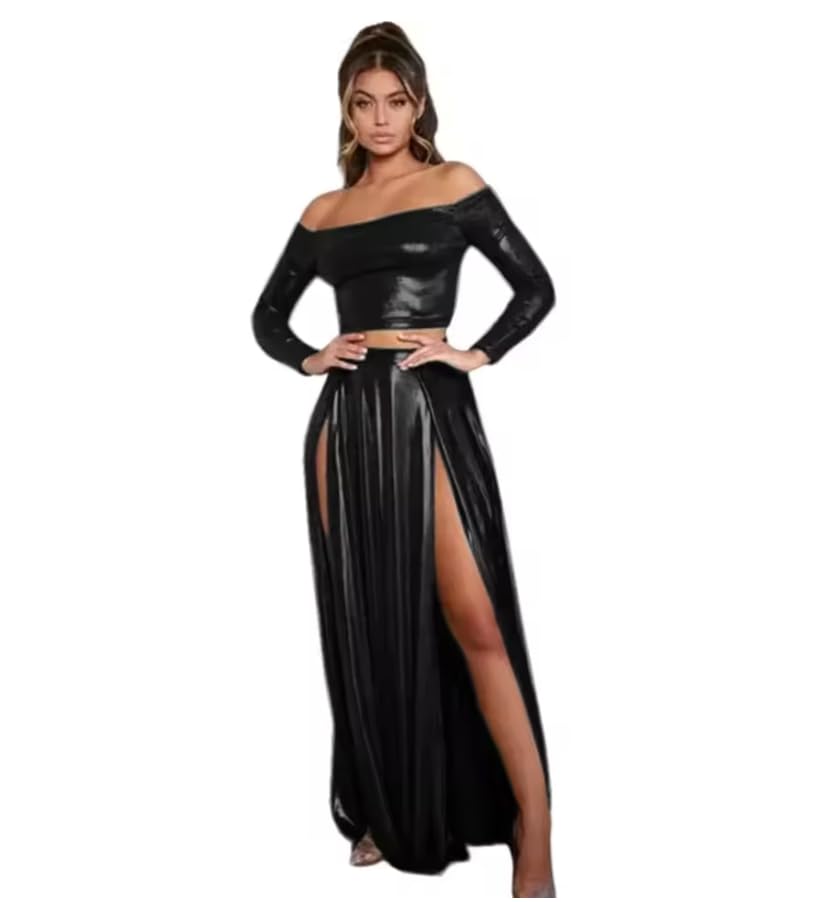 Metaliczny odkryte ramiona bodycon crop top z wysokim rozcięciem spódnica maxi taniec wieczór impreza odzież personalizacja