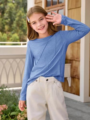 Haloumoning Girls Long Sleeve Shirts Pleated Casual Crewneck Fall Fashion Tops Basic Tees 5-14Y4